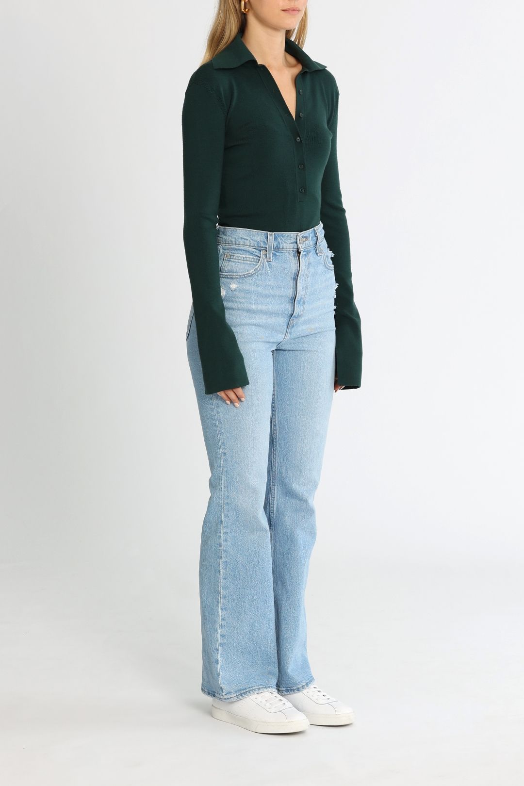 Camilla and Marc Novella Button Up Knit Top Bottle Green Long Sleeves