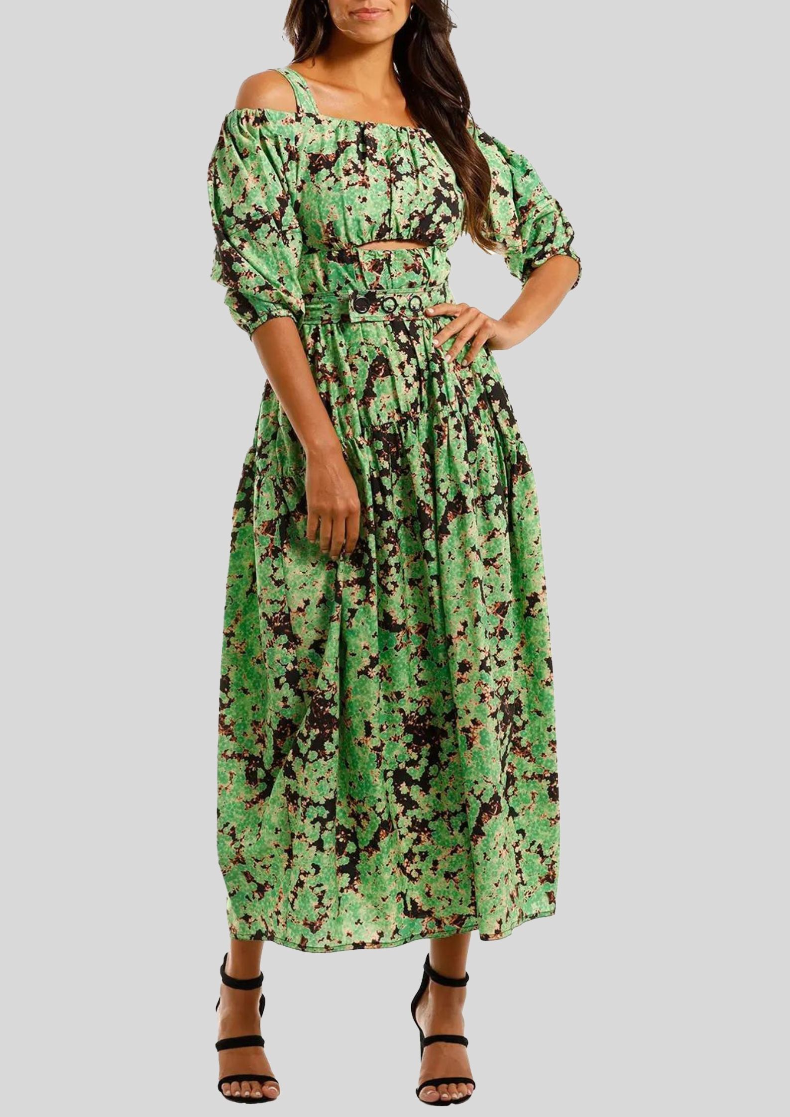 hunter green bridesmaid dresses long Mint Meadow Cotton Sleeveless A-Line Dress – Green Floral Summer Midi Dress  with Pockets