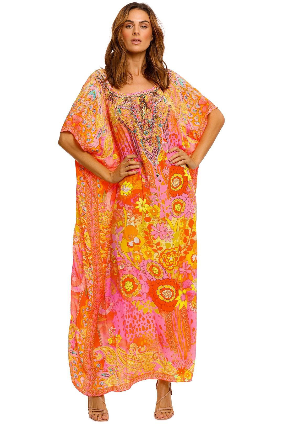 Camilla Off Shoulder Kaftan With Split pink orange
