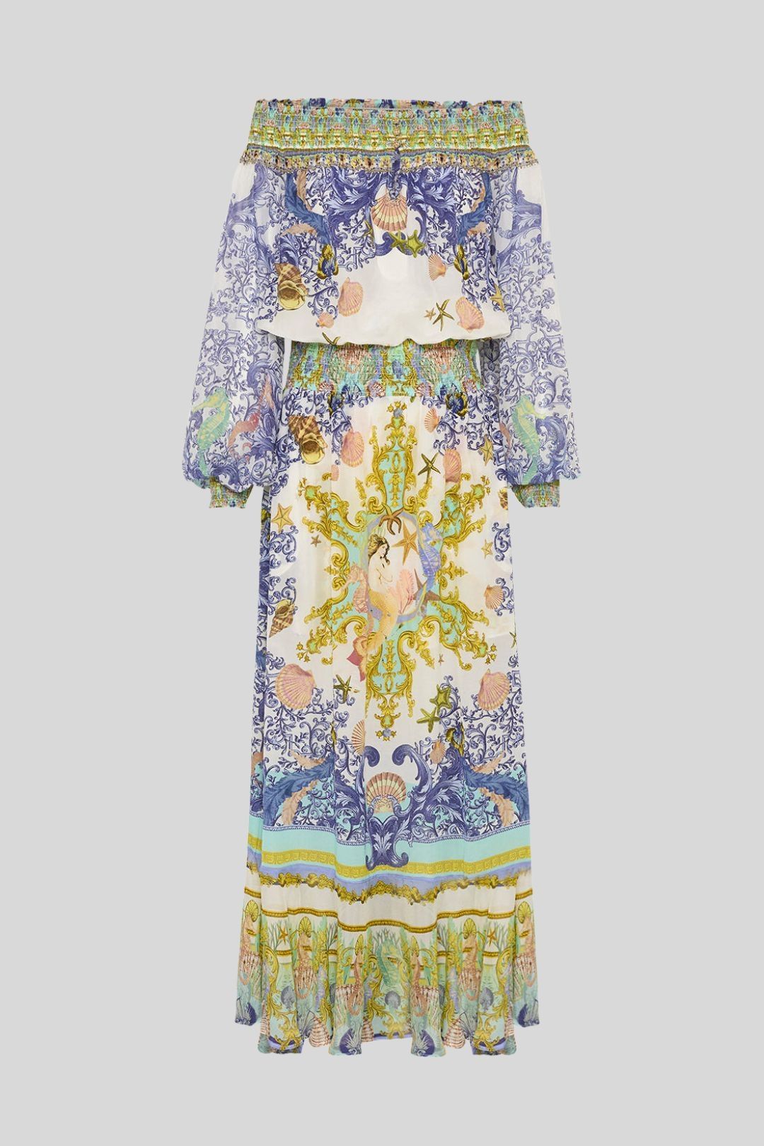 OFF SHOULDER SHIRRED DRESS STAR OF THE SEA