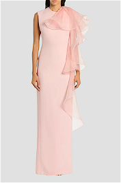 Carla Zampatti Crepe Ruffle Shoulder Gown in Pink Peony