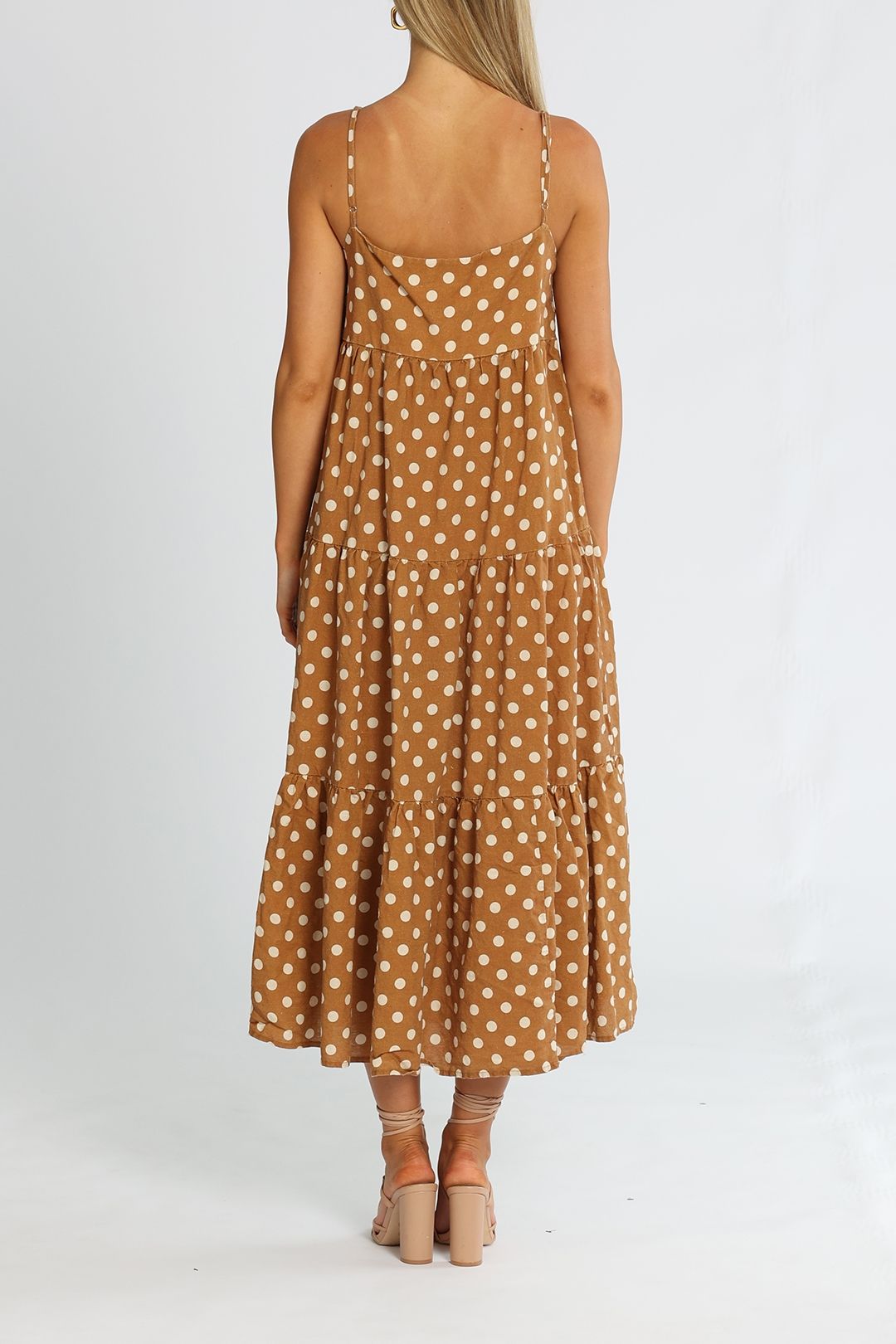 charlie holiday polka dot dress Charlie Holiday Halcyon Brown Polka Dot Open Back Linen (2) – The Thrifty  Hippy main image 0