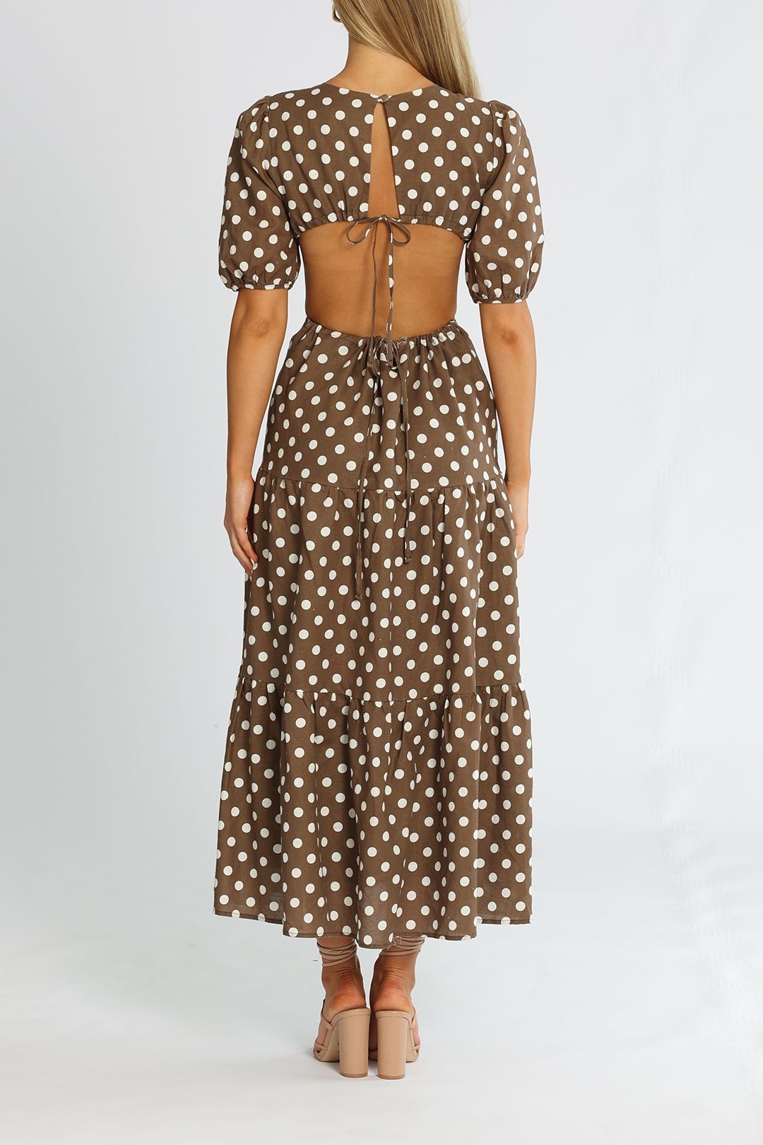 Hire The Flores Midi Dress in Brown Spot | Charlie Holiday | GlamCorner