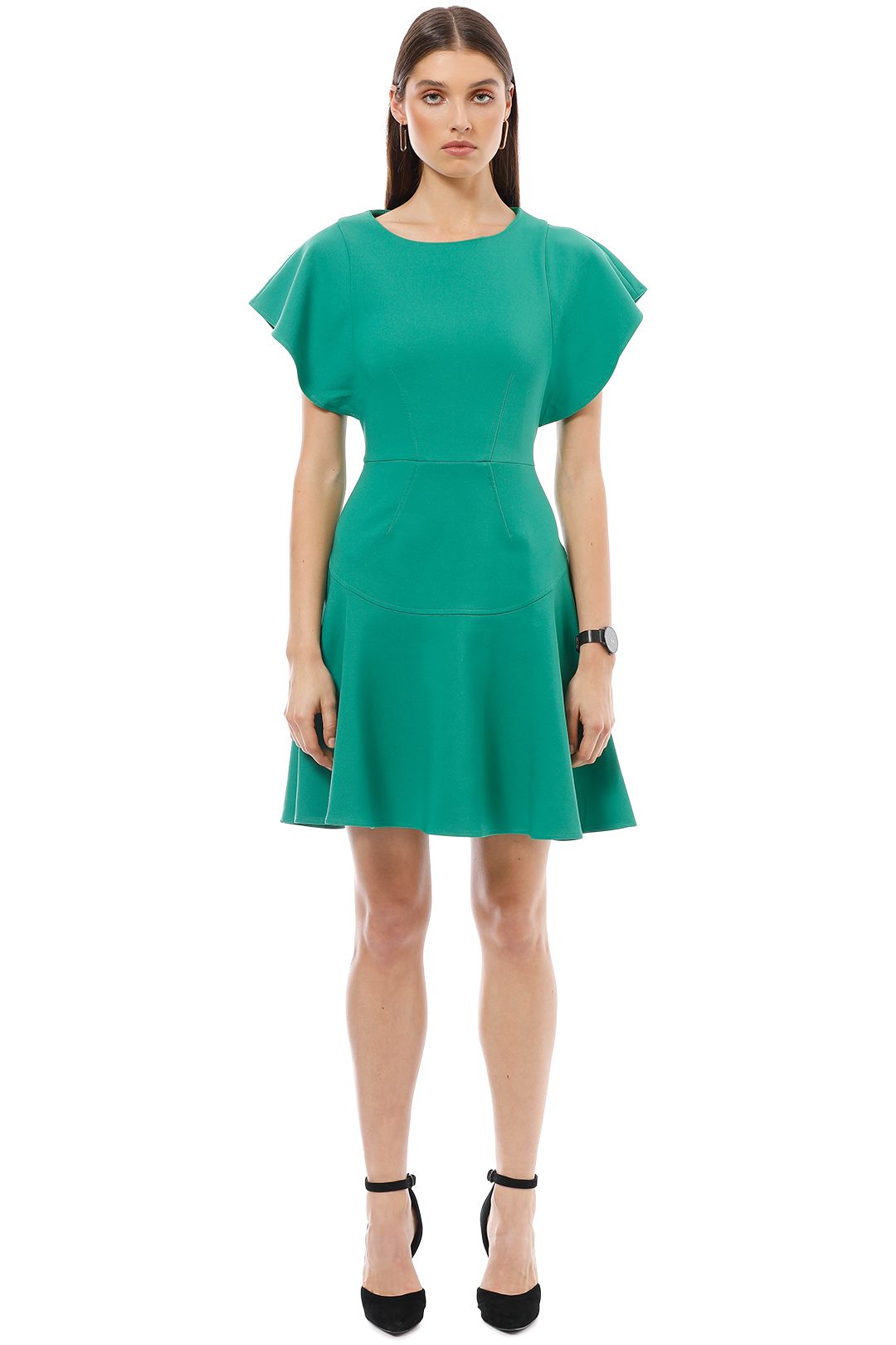 Closet London - Frill Sleeve Flared Dress - Green - Front