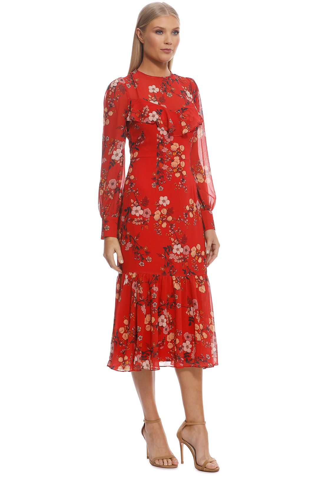 Cooper St - Disco Long Sleeve Fitted Midi Dress - Red - Side