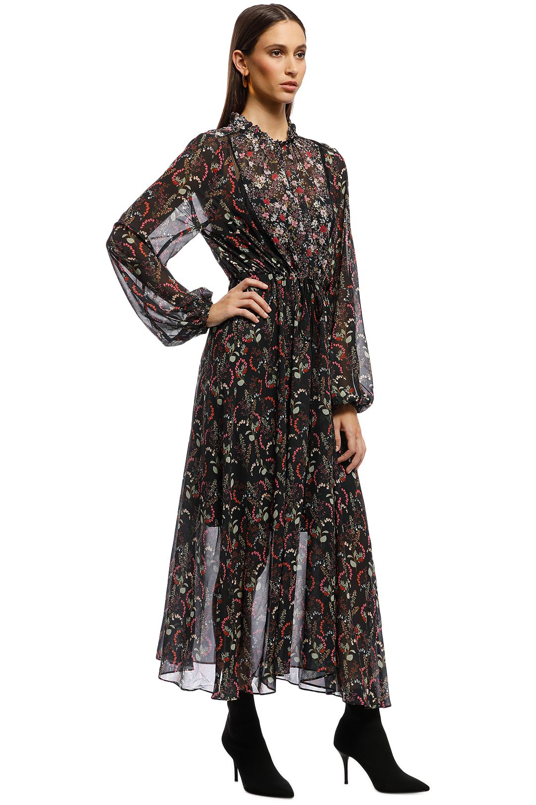 Cooper St - With A Kiss Long Sleeve Midi Dress - Black Floral - Side