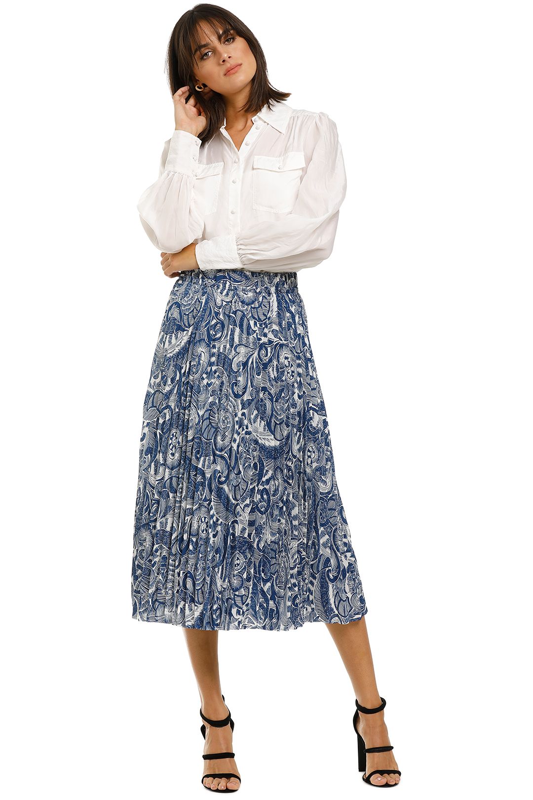 Countr-Road-Print-Pleat-Skirt-Deep-Blue-Front