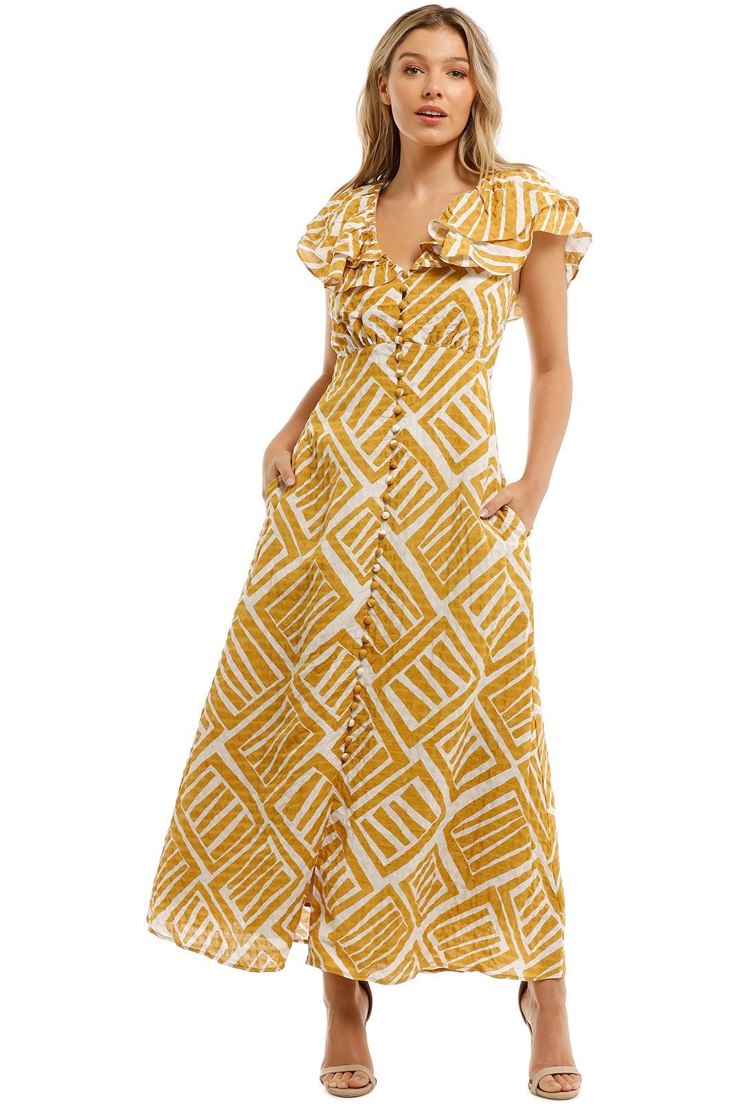 Country Road Print Ruffle Maxi Dress Cinnamon Flared Sleeves