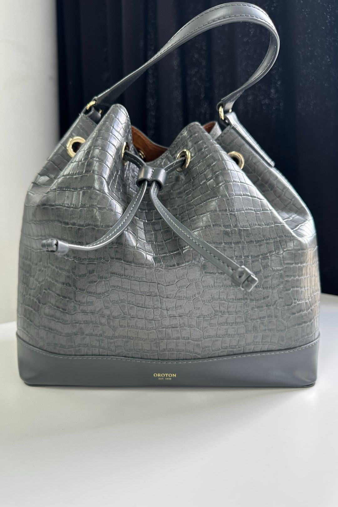 Grey Croc Embossed Leather Bucket Bag
