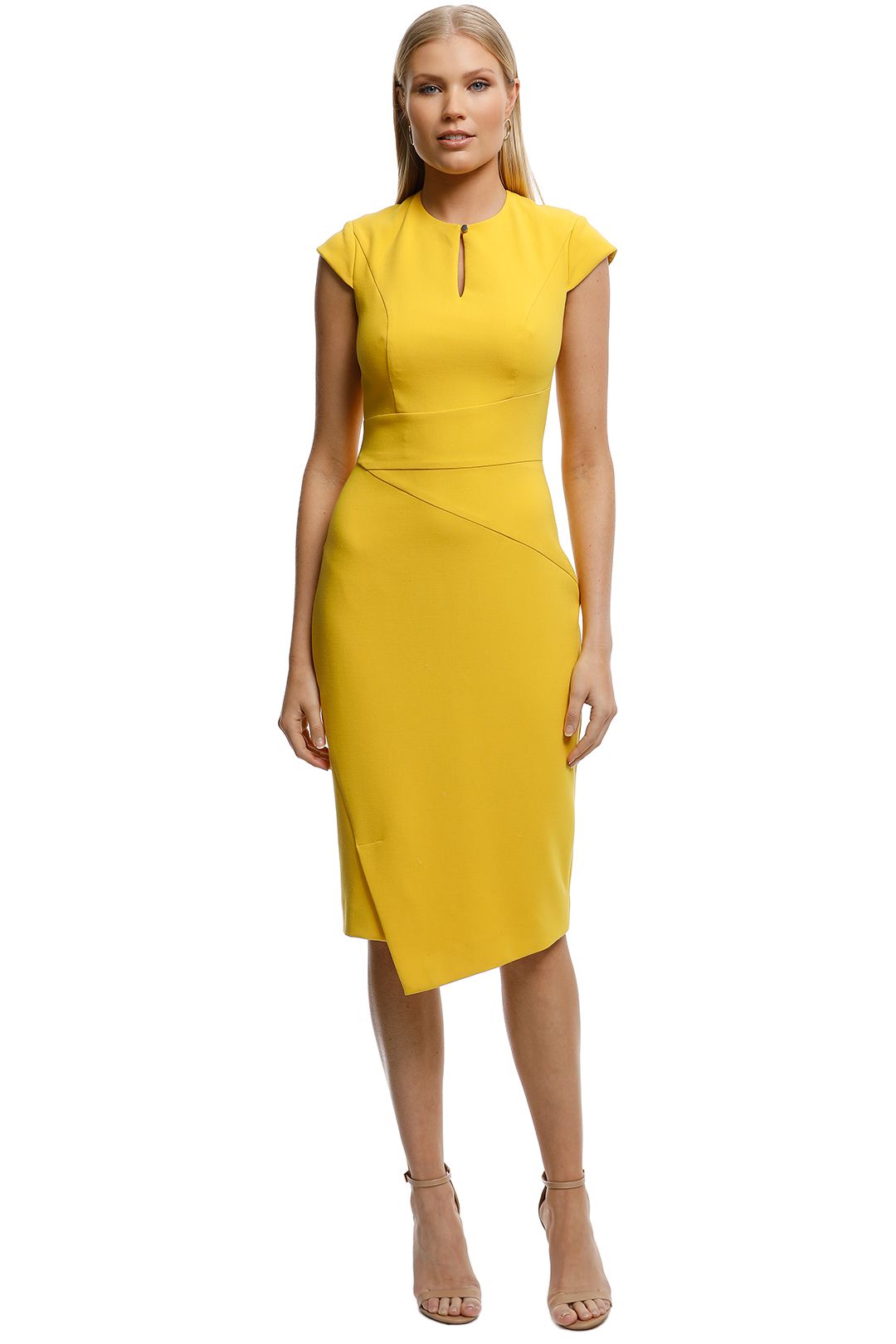 CUE-Mustard-Asymmetric-Pencil-Dress-Mustard-Front