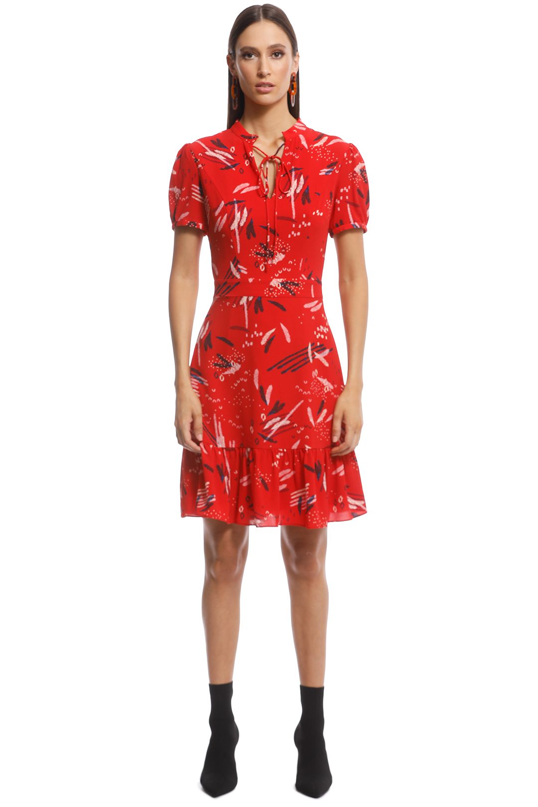 Cue - Abstract Brushstroke Ruffle Hem Dress - Red - Front