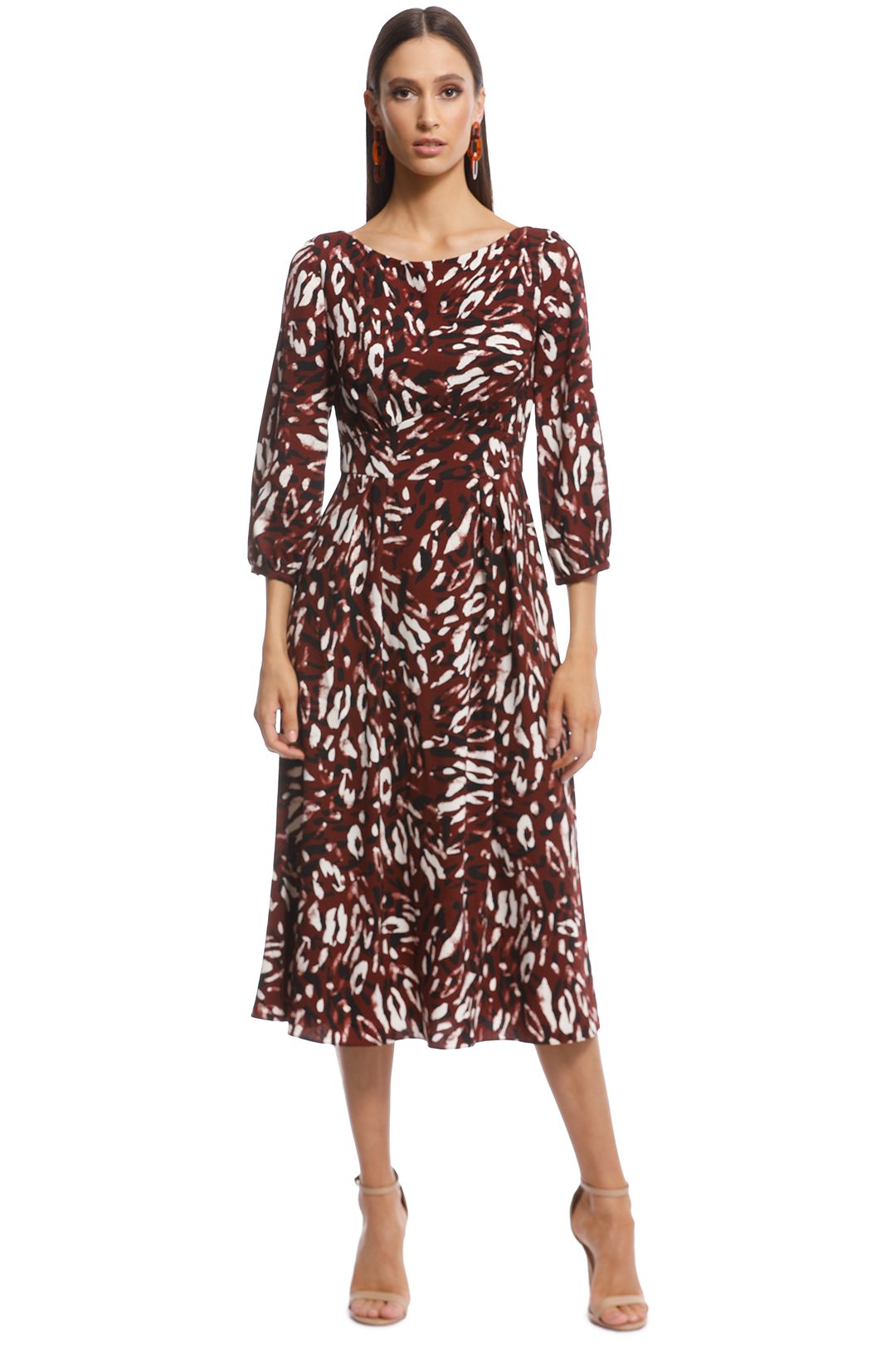 Cue - Abstract Leopard Boat Neck Dress - Burgundy - Front