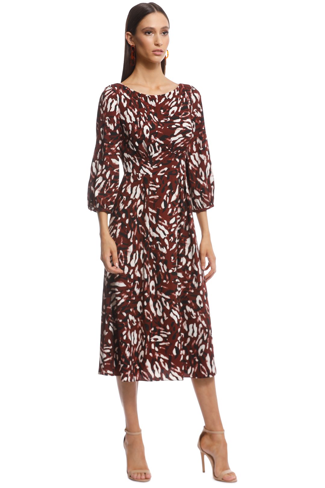 Cue - Abstract Leopard Boat Neck Dress - Burgundy - Side