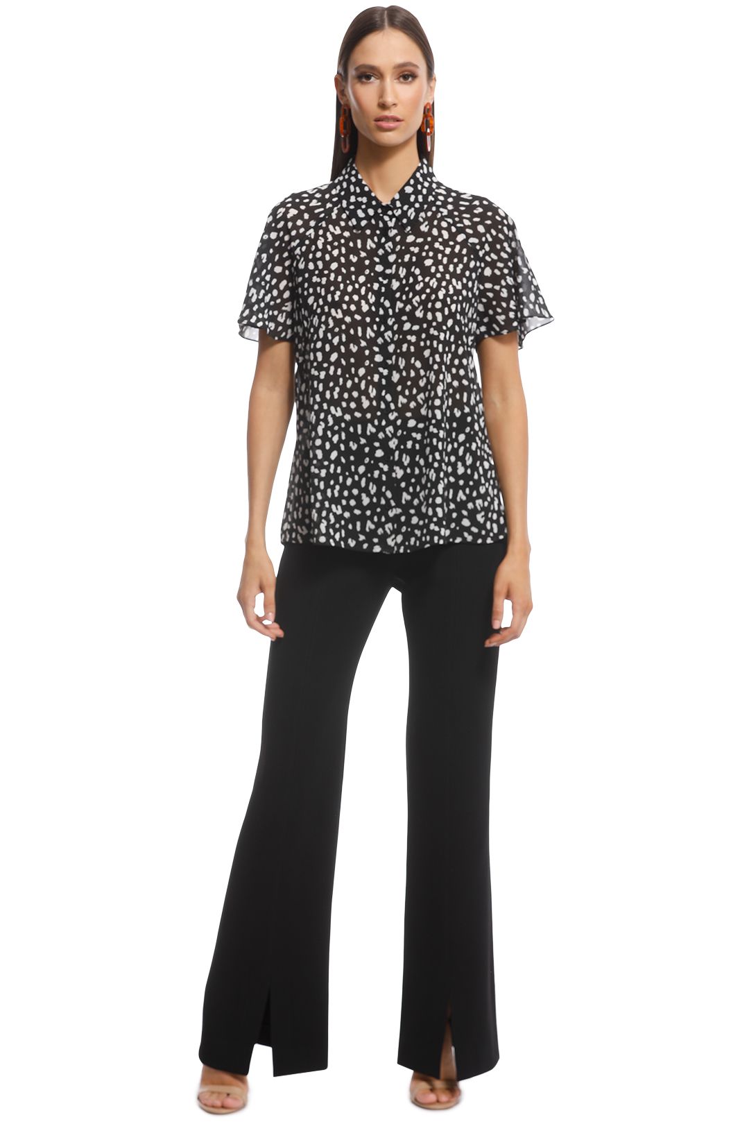 Cue - Animal Georgette Flared Sleeve Shirt - Black and White - Front