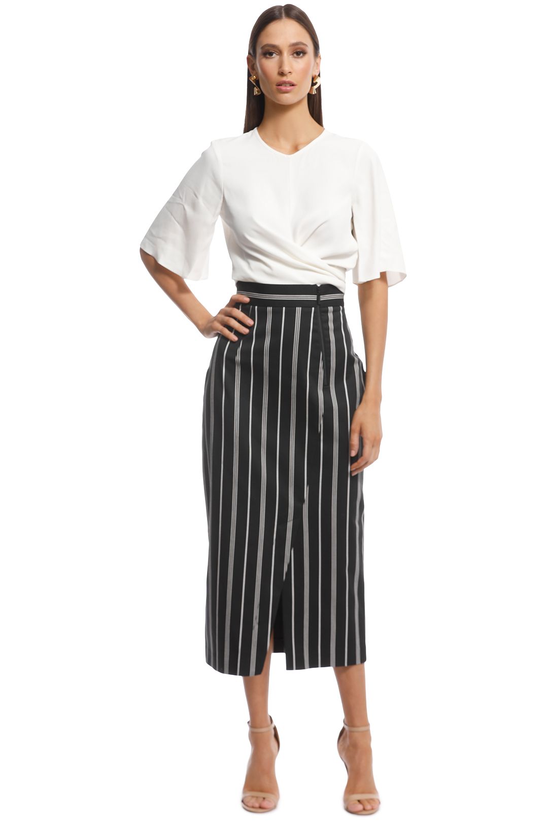 Cue - Bold Cotton Stripe Midi Skirt - Black/Grey - Front