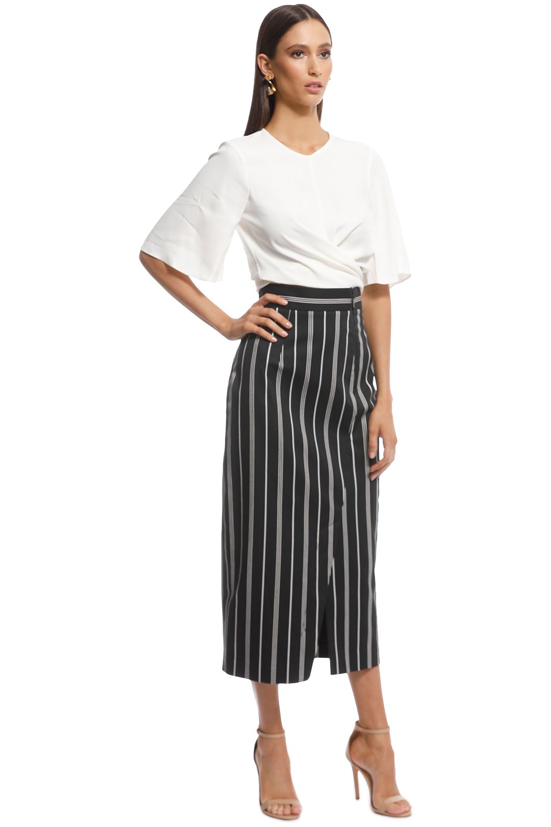 Cue - Bold Cotton Stripe Midi Skirt - Black/Grey - Side