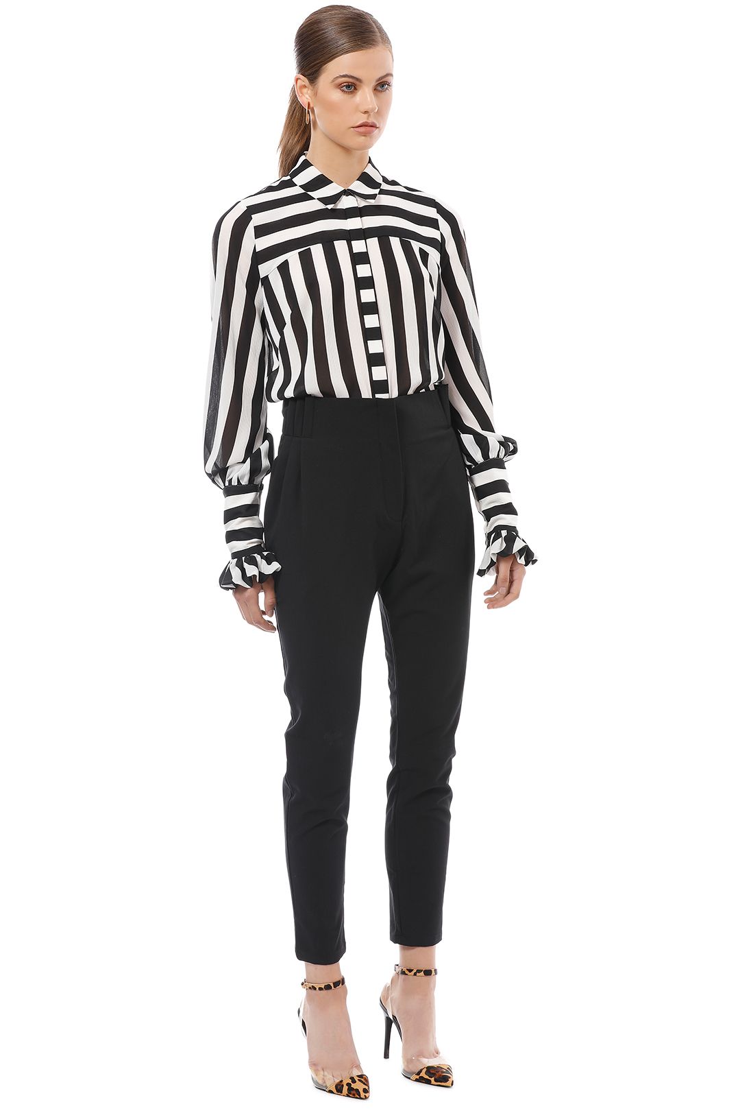 Cue - Bold Stripe Crinkle Georgette Shirt - Black White - Side