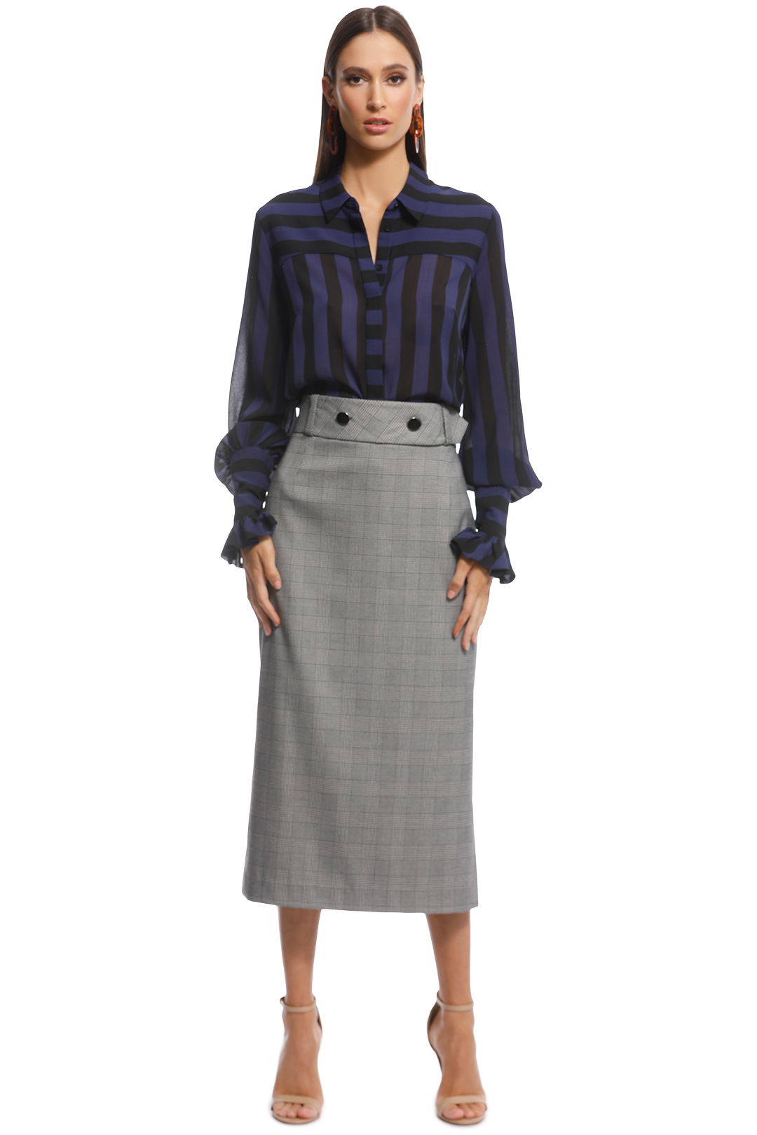 Cue - Bold Stripe Crinkle Georgette Shirt - Blue - Front