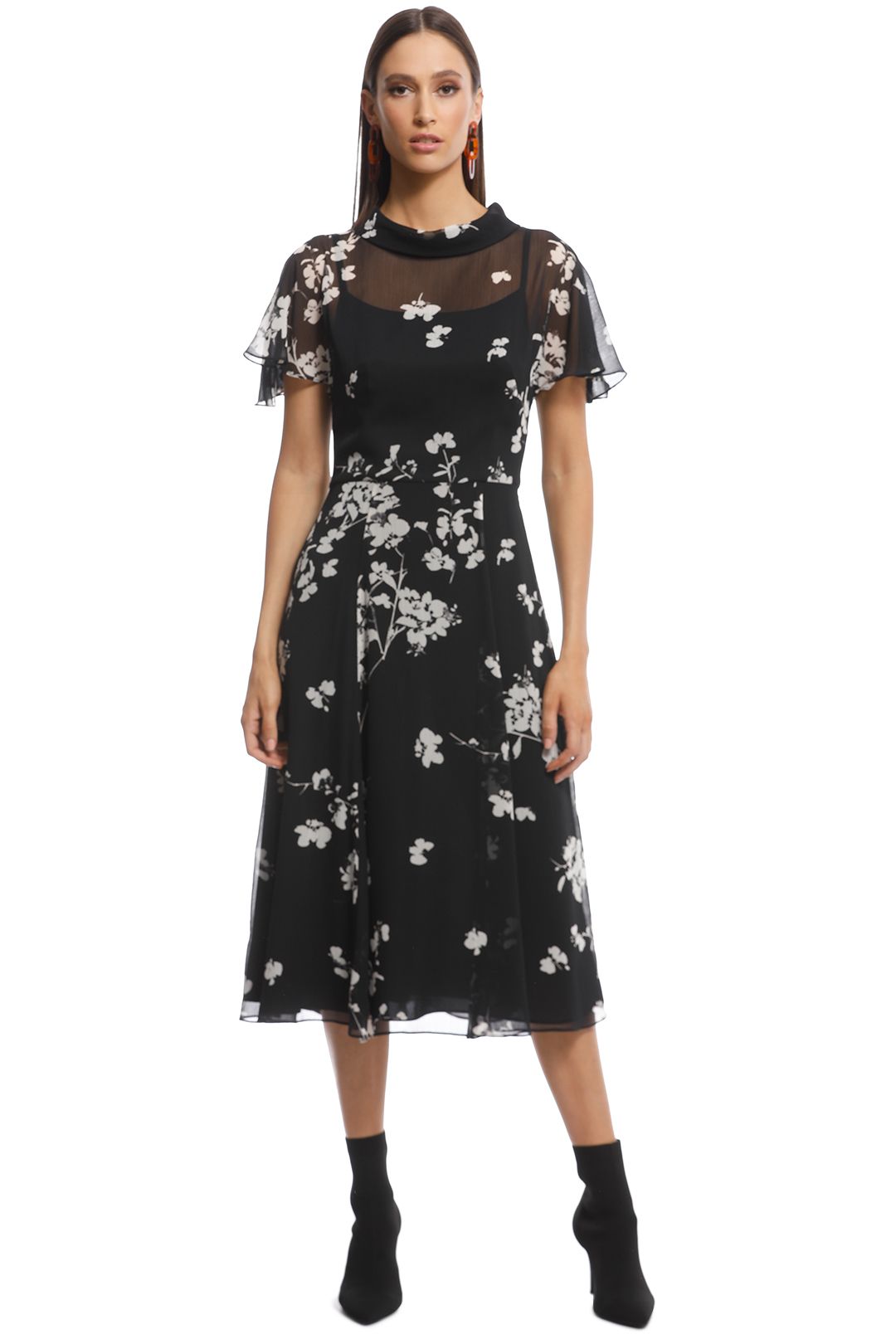 Cue - Cherry Blossom Georgette Midi Dress - Black - front
