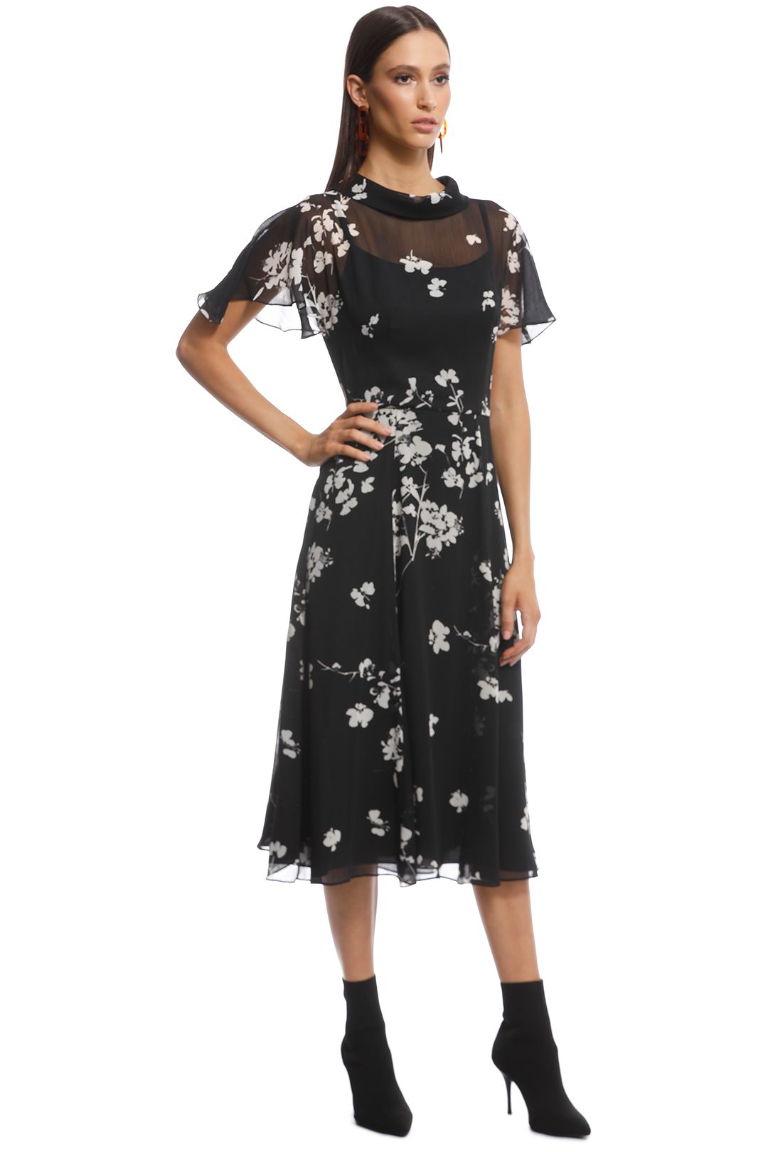 Cue - Cherry Blossom Georgette Midi Dress - Black - Side