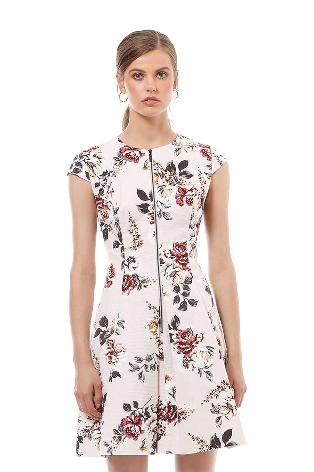 Cue - Floral Ottoman Zip Front Dress - Cream Floral - Close Up