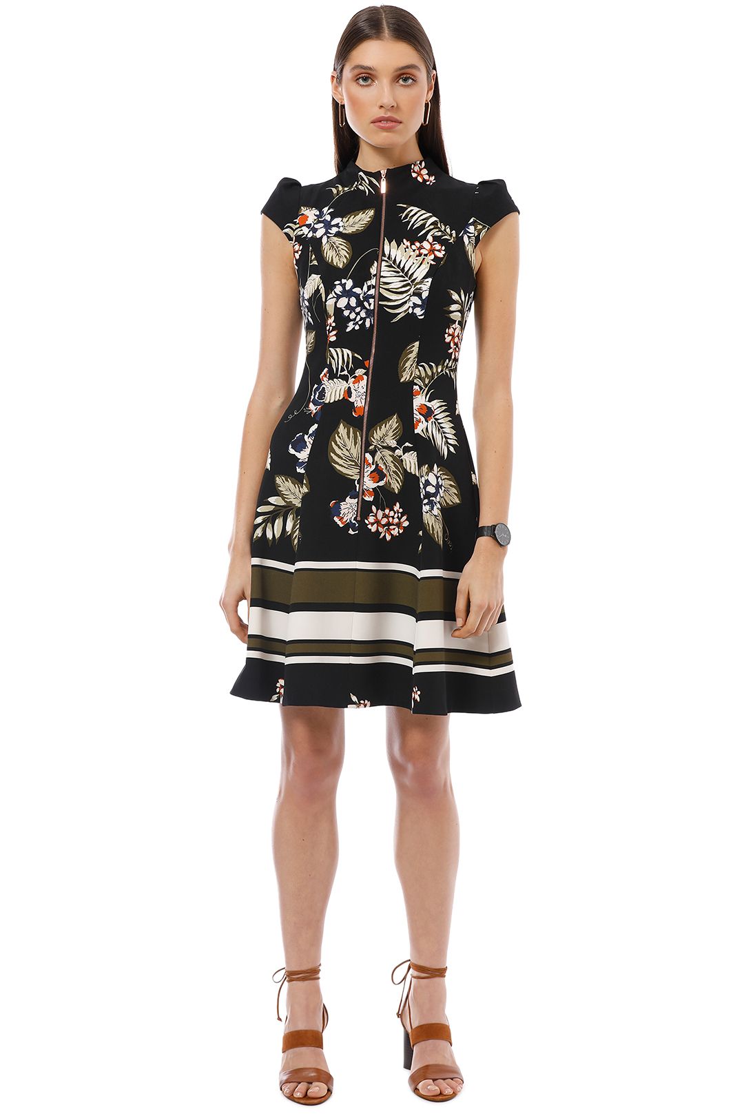 Cue - Palm Leaf Zip Front Dress - Black - Front