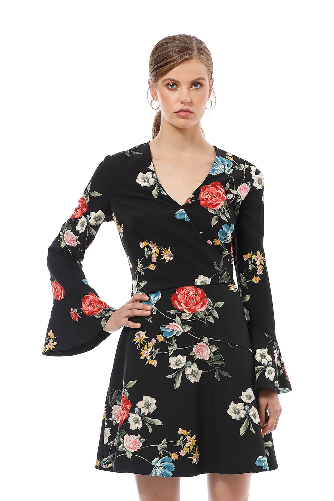 Cue - Watercolour Rose Long Sleeve Dress - Black Floral - Close Up
