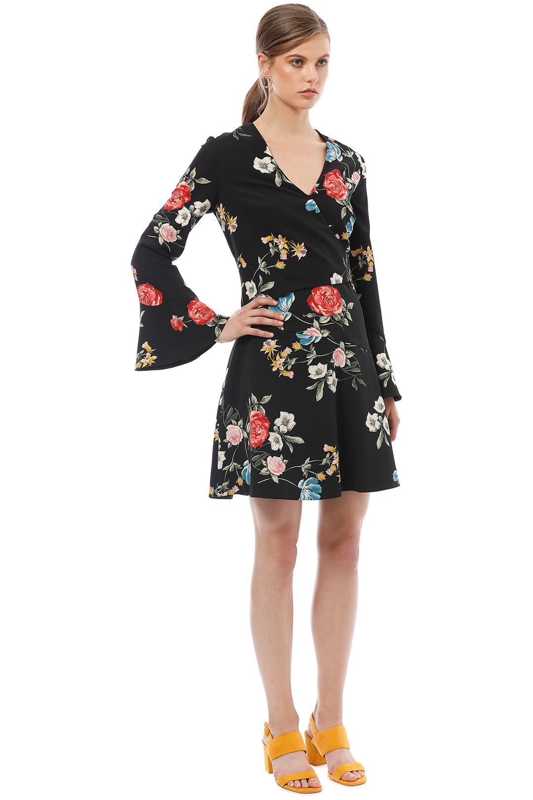 Cue - Watercolour Rose Long Sleeve Dress - Black Floral - Side
