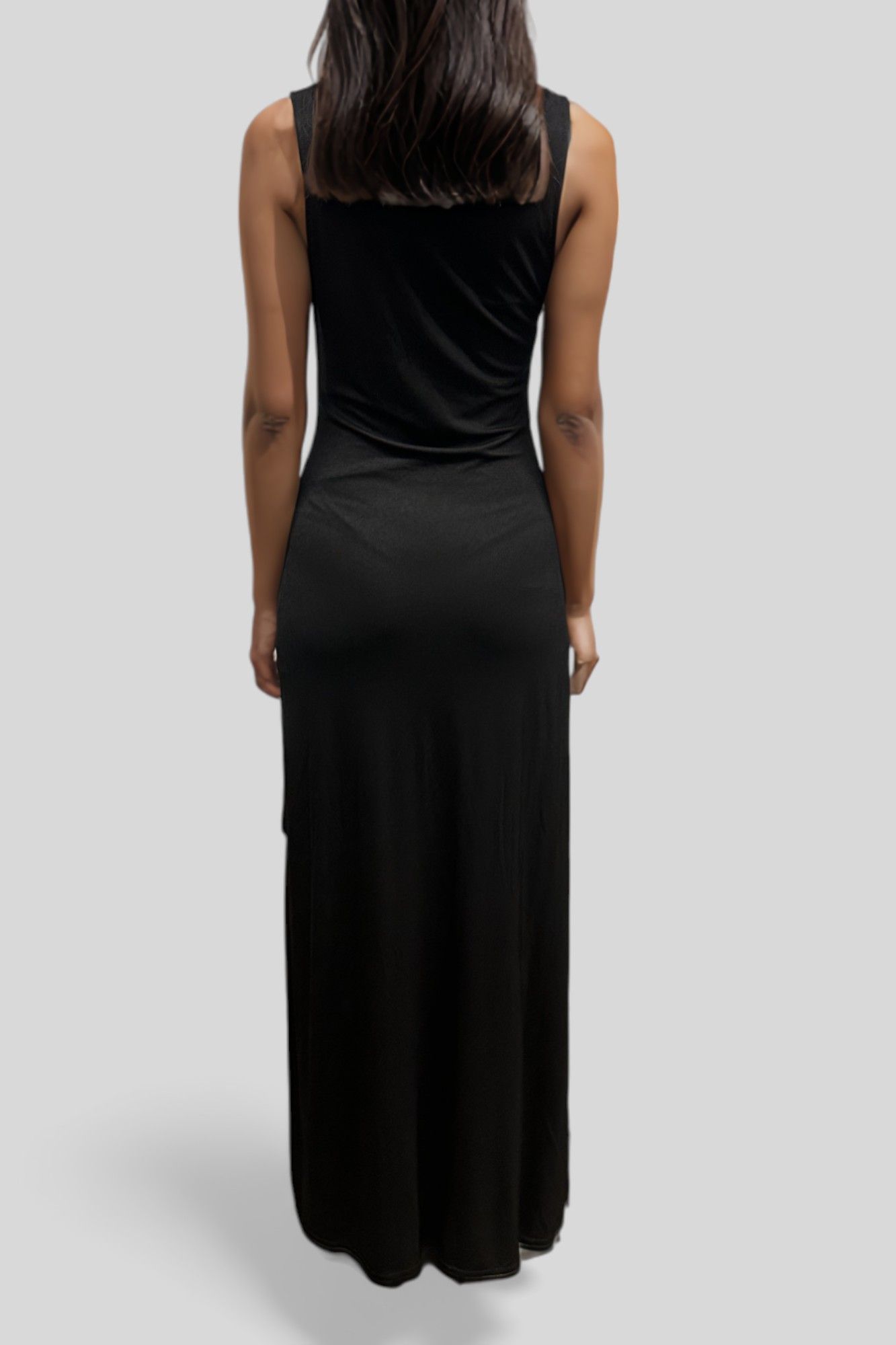 CUE Asymmetric Drape Dress in Black Back