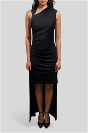 CUE- Asymmetric Drape Dress in Black Front
