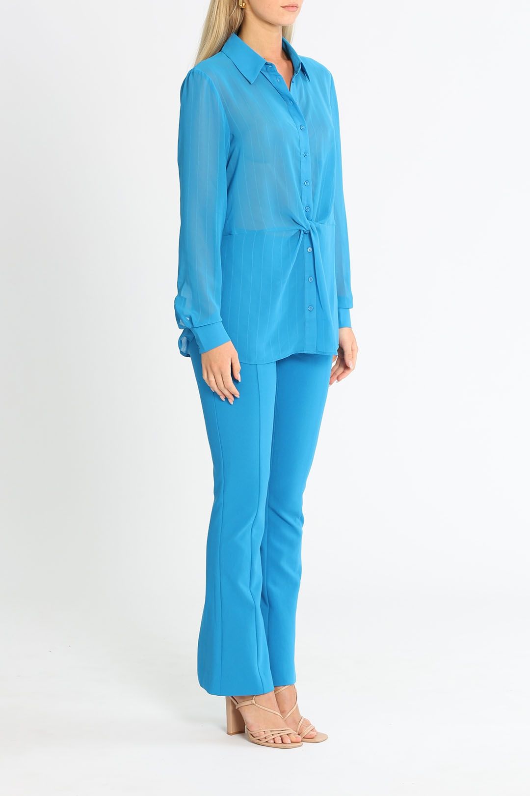 Cue Corded Georgette Twist Front Shirt Blue