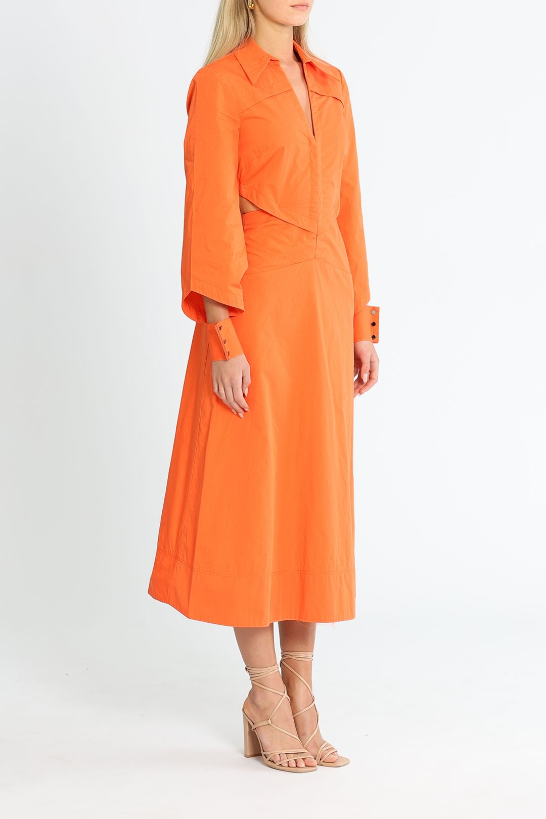 Cue Cotton Cut Out Shirt Dress Orange Balloon Sleeves