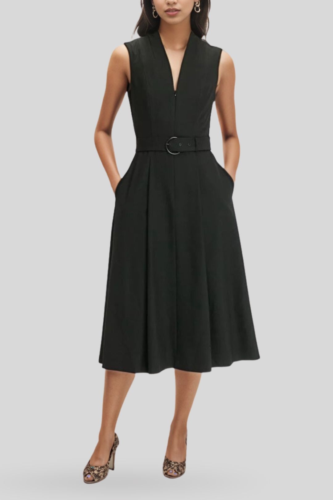 Elspeth | Women’s Spring Belted Pleated Long Sleeve Midi Dress