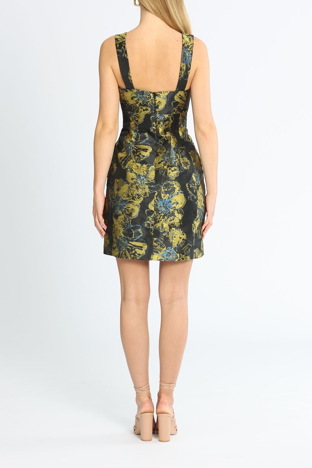 Cue Sketched Floral Jacquard Mini Dress Black and Gold