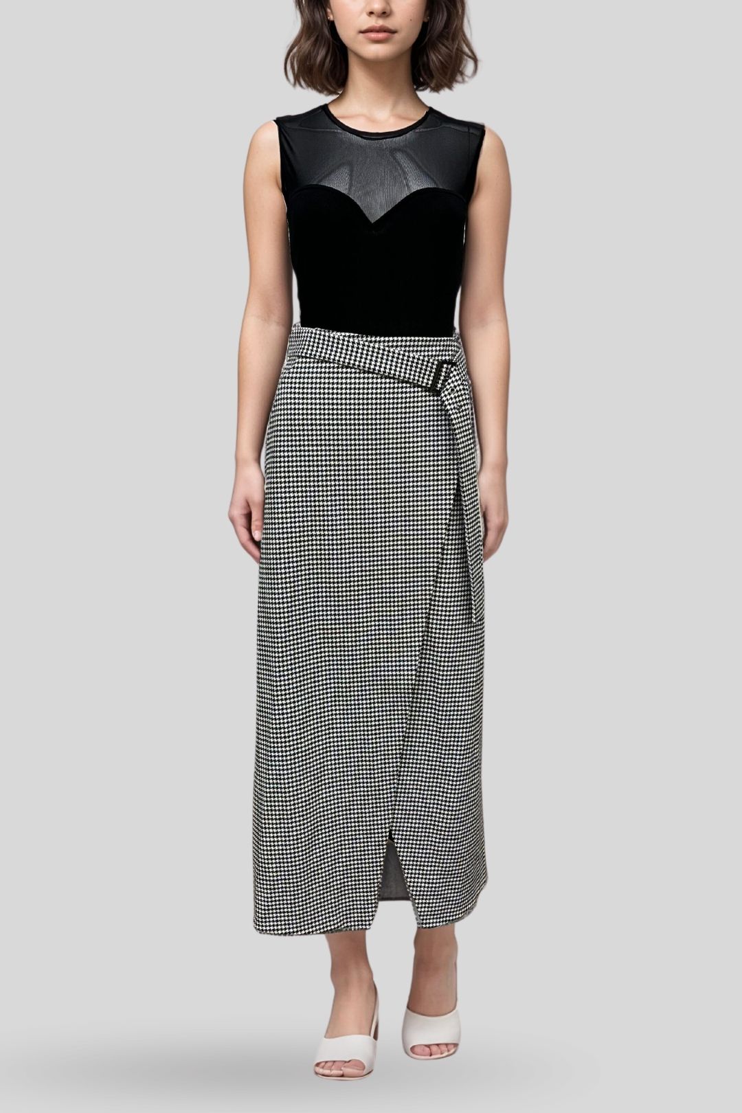 CUE Houndstooth Belted Split Skirt