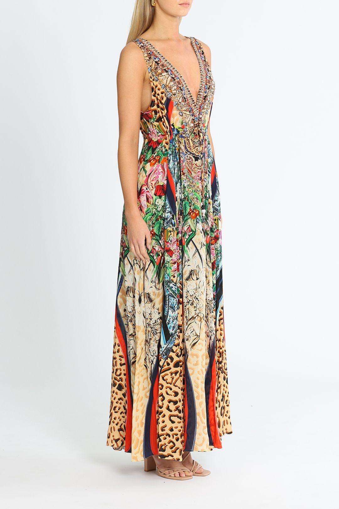 PADDED SHOULDER CONTRAST FABRIC MAXI DRESS - MOCHA