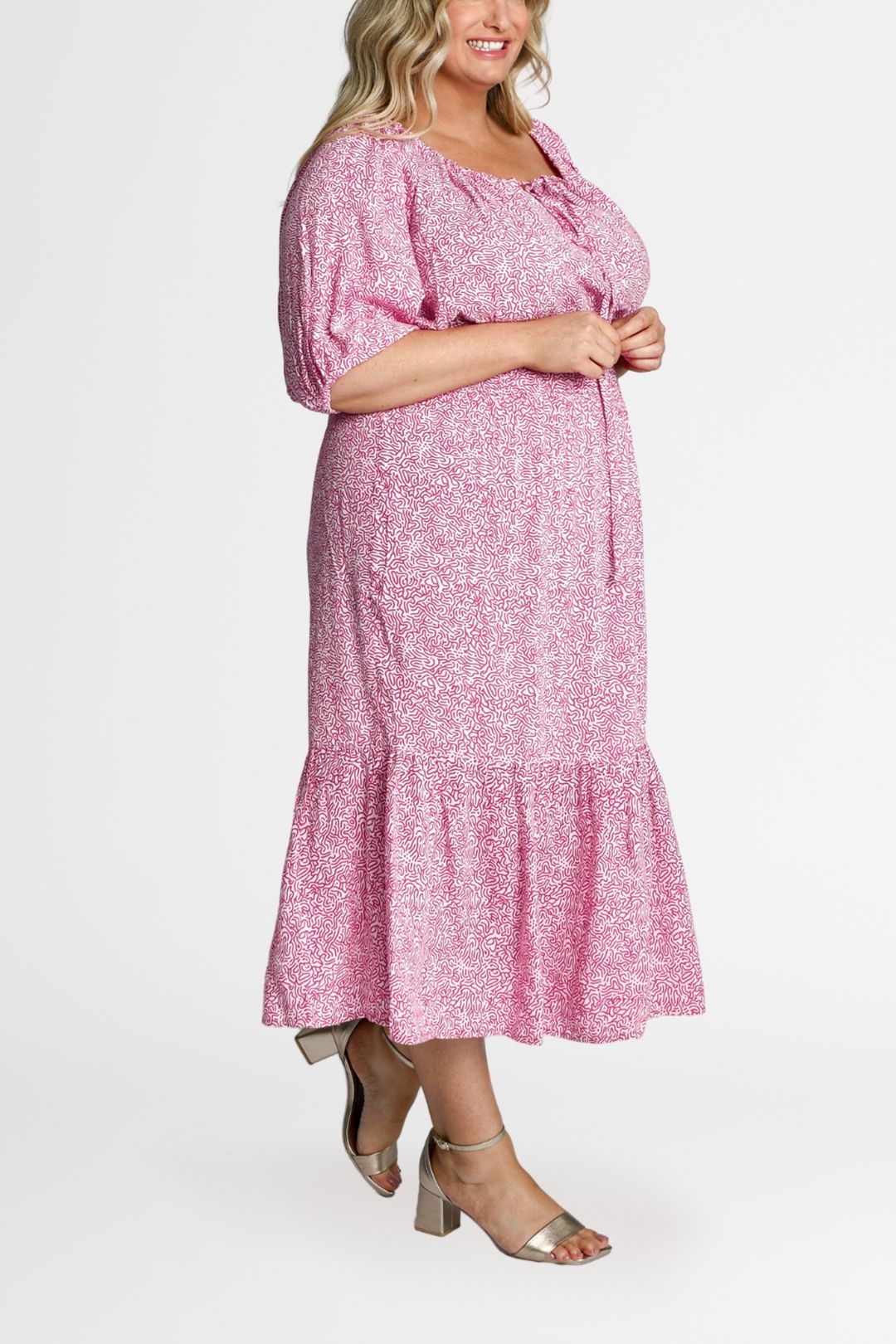 Dani Marie Diana Prairie Midi Dress Pink Tie Neck