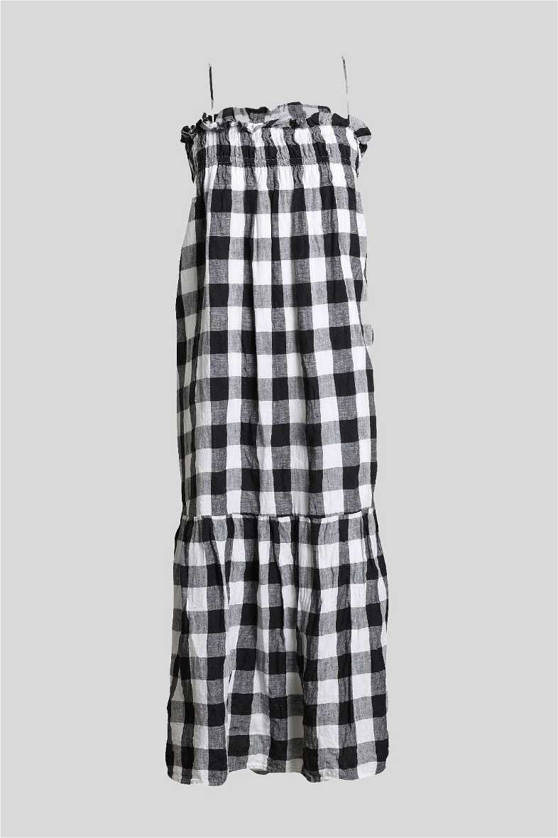 knee length dresses for ladies LINEN MIDI DRESS BLACK AND WHITE STRIPES