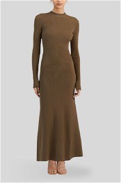 Donna Khaki Long Sleeve Midi Dress