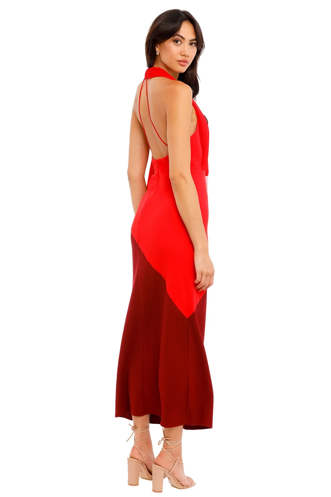 strapless open back dress Deep Red Bridal Lehenga Rental Kerala