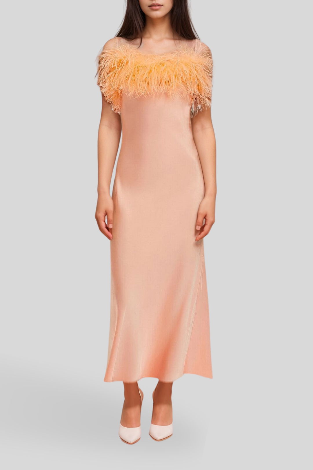 SLEEPER Boheme Sleeveless Long Slip Dress With Feathers - Peach