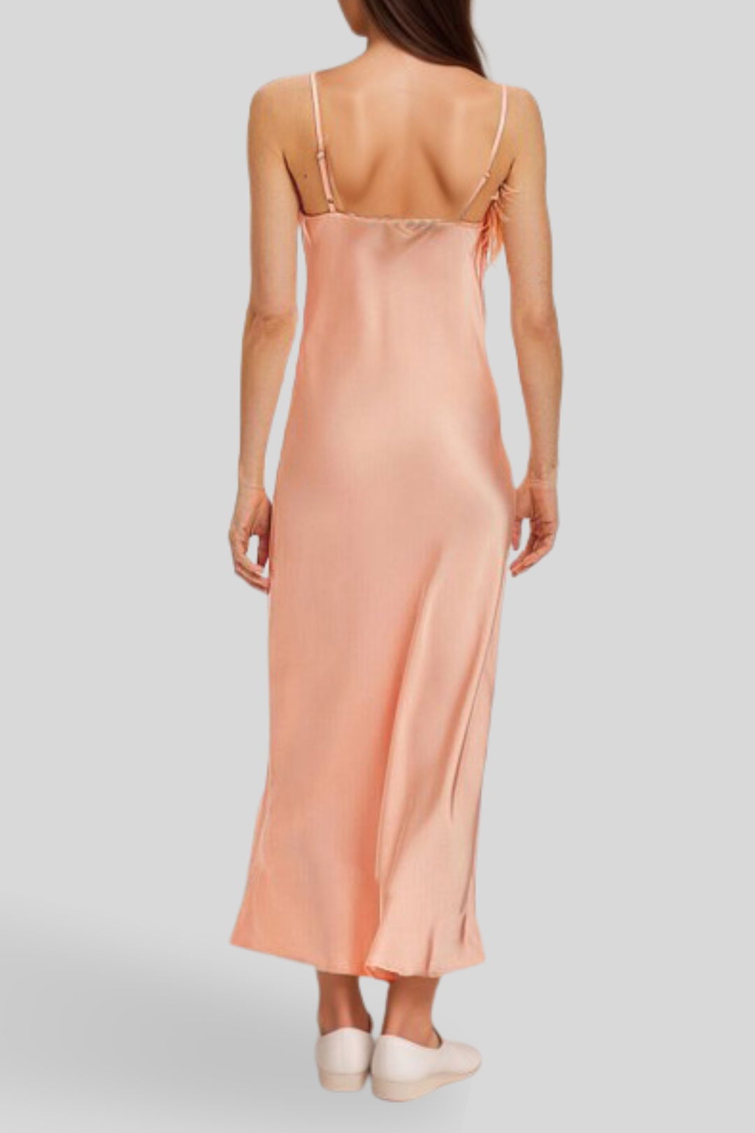 SLEEPER Boheme Sleeveless Long Slip Dress With Feathers - Peach