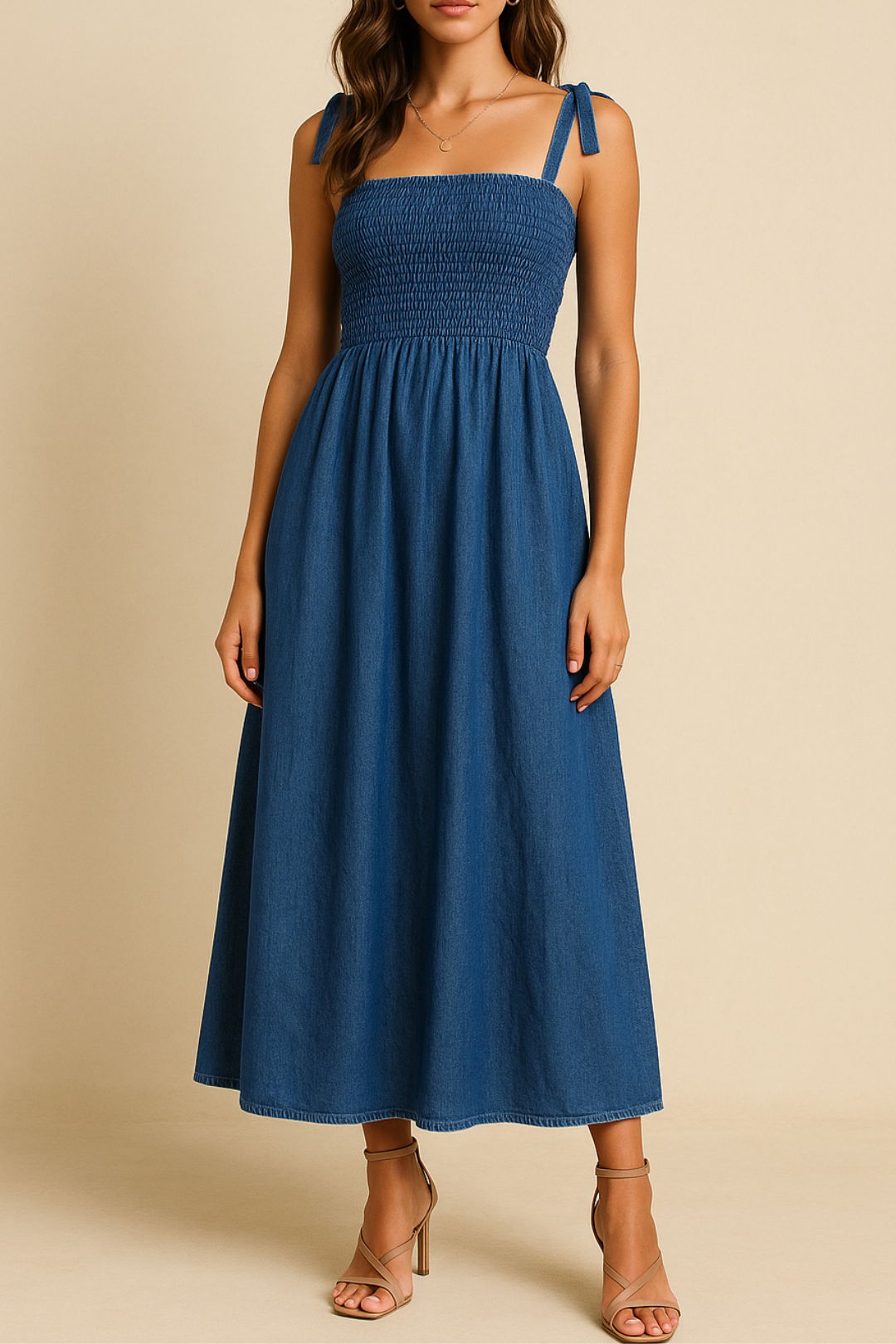 dress hire brunch DECJUBA Smocked Denim Maxi Dress