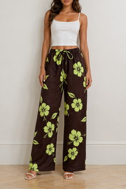 Dress Hire  Brunch Venroy	Printed Linen Wide Leg Pant - Cherry Lime Warped Hibiscus Brown