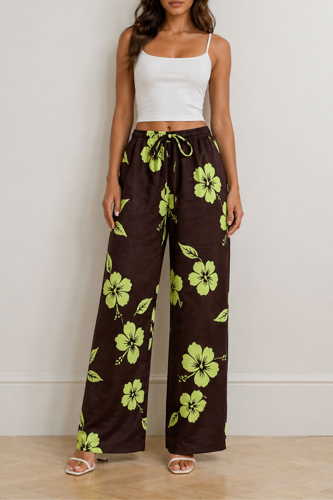 Dress Hire  Brunch Venroy	Printed Linen Wide Leg Pant - Cherry Lime Warped Hibiscus Brown