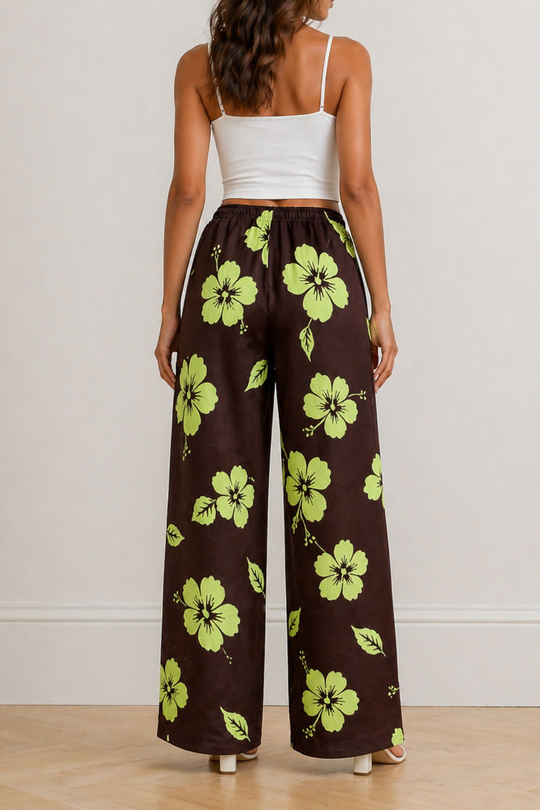 Dress Hire  Brunch Venroy	Printed Linen Wide Leg Pant - Cherry Lime Warped Hibiscus Brown