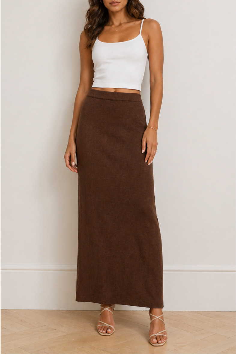 Hire Rib Knitted Skirt in Cacao | Venroy | GlamCorner
