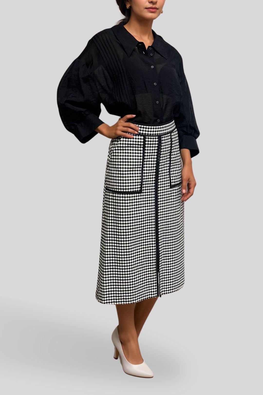 Veronika Maine - Checkered Pencil Flare Skirt Black and White