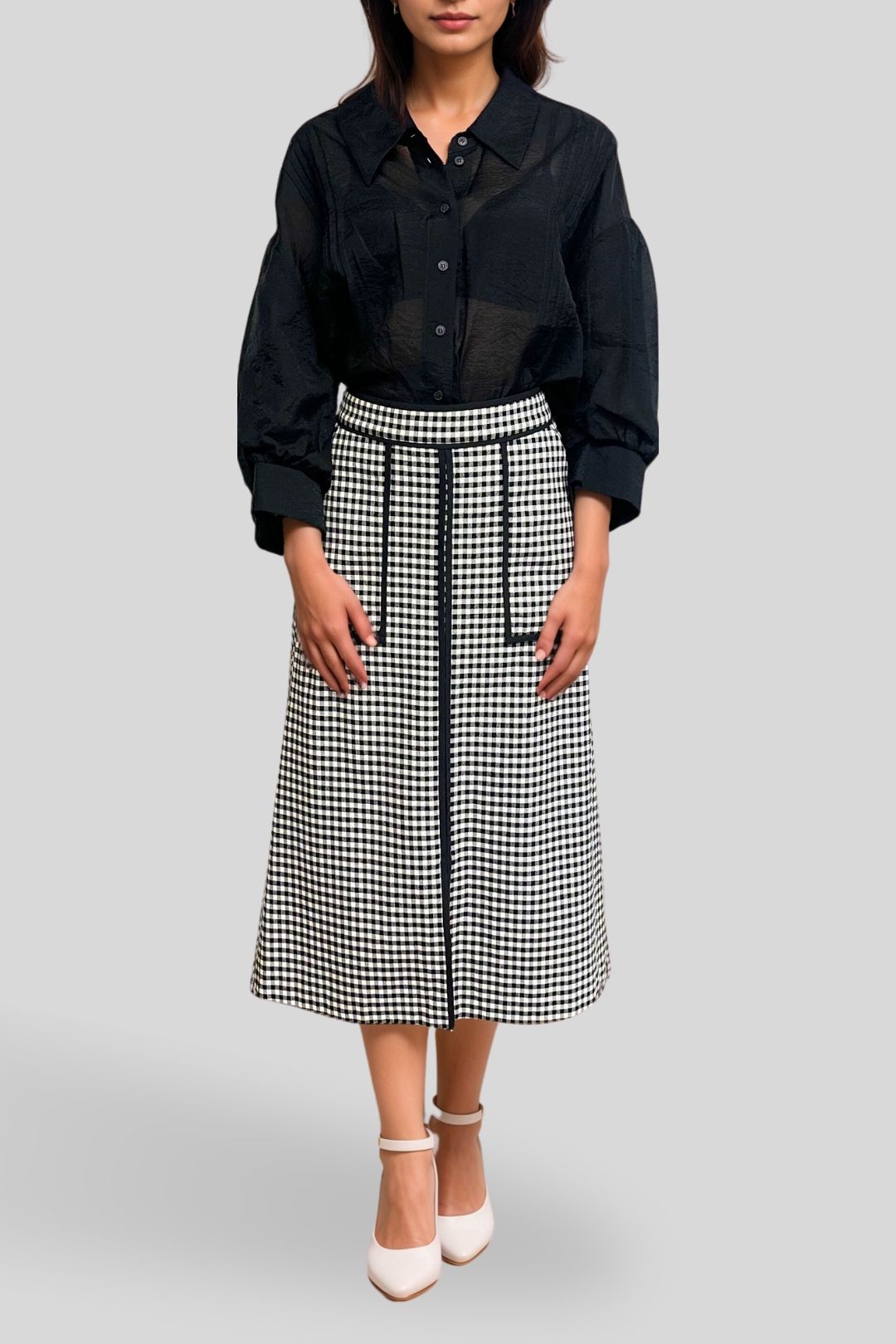 Hire Checkered Pencil Flare Skirt | Veronika Maine | GlamCorner