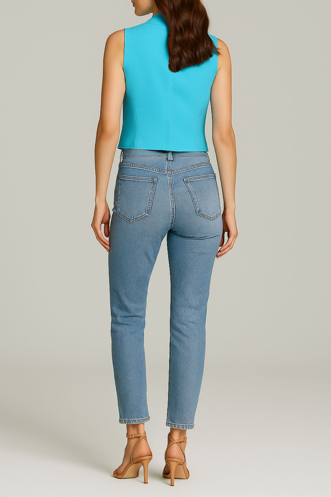 Dress hire casual CUE Matte Crepe Waistcoat in Aqua Cropped